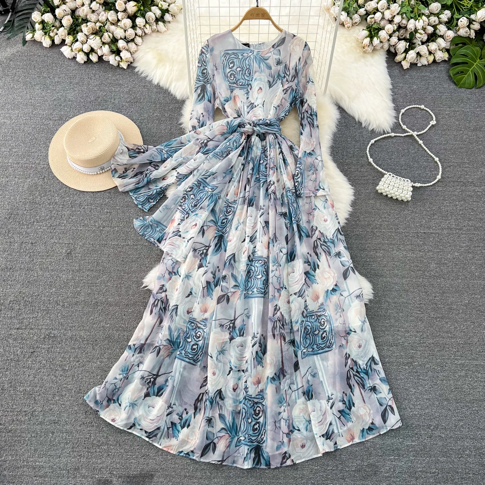 

Женское длинное платье на шнуровке, элегантное осеннее платье макси с цветочным принтом и длинными рукавами-фонариками и оборками, 2023