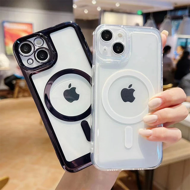 

For Magsafe Plating Transparent Magnetic Wireless Charging Case for iPhone 13 12 11 Pro Max Luxury Silicone Shockproof Cover