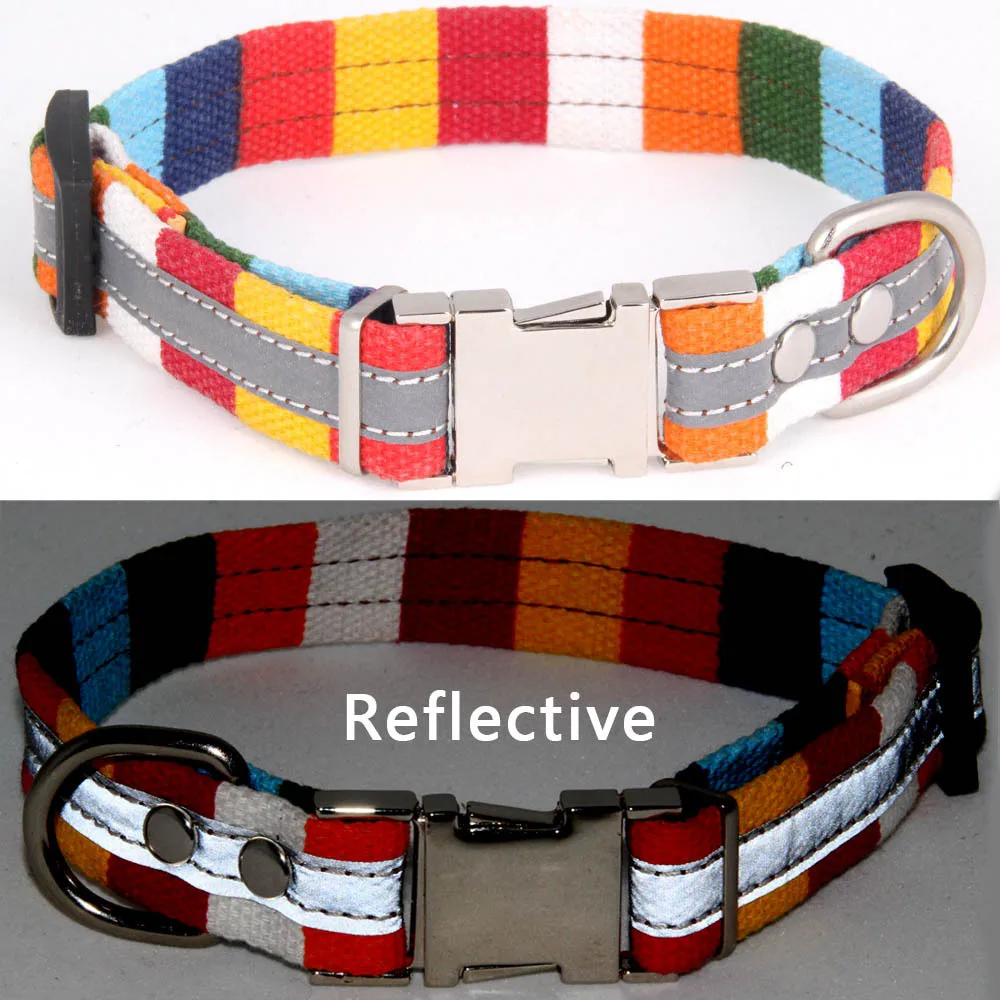 

Colorful Canvas Striped Pet Collar Alloy Lettering Buckle Decorative Reflective Retractable Dog Rope Pet Products Dog Collars
