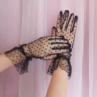 autumn summer women gloves stretchy sexy lace short tulle full finger mittens lotus leaf sheers elegant lady driving gloves