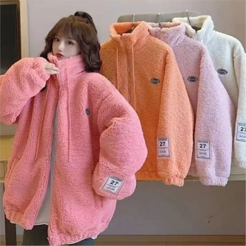 

Женское шерстяное пальто из овечьей шерсти, свободный стоячий воротник, утолщенный пуховик