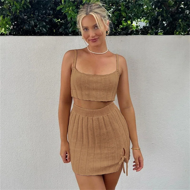 

Sexy Knitted Solid Two Piece Set Women Slim Spaghetti Strap Crop Tops+ Sheath Side Slit Lace Skirt Streetwear Female Suits