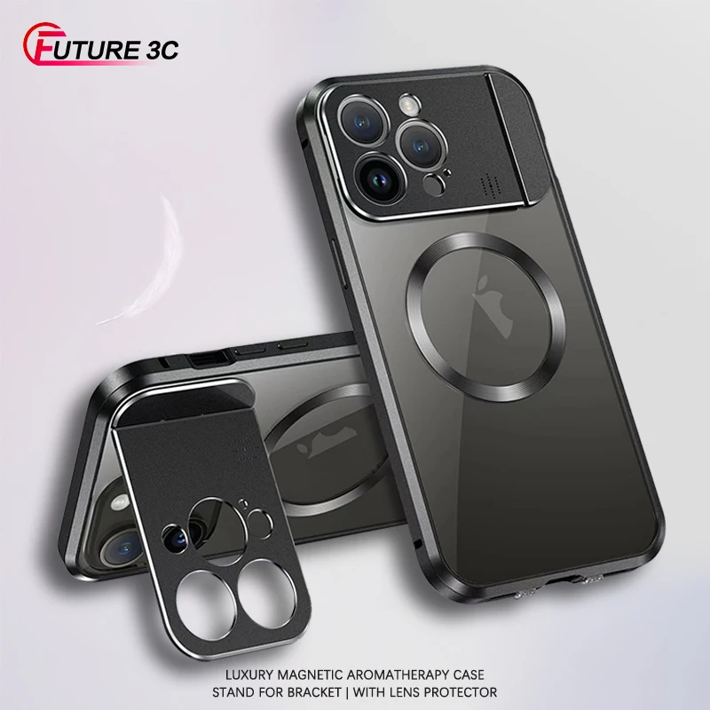 

Luxury Magnetic Fragrance Case For Iphone 15 14 13 Pro Max With Lens Protect Foldable Bracket For Stand Metal Cover For Magsafe