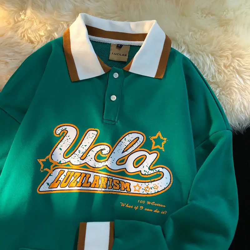 

Hip Hop Polo Collar Letter Printing Sweatshirt Women Loose Fashion All-match Casual Long Sleeve Top 2022 Spring Clothes Coat New