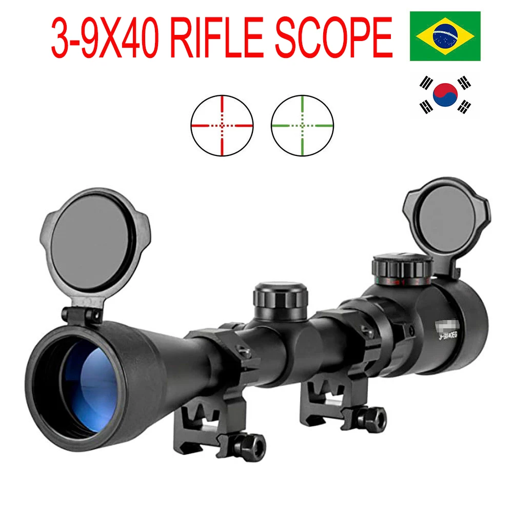 

3-9X40 Hunting Optics Rifle Scope Red Green Illuminated Tactical Airsoft RifleScope with 20mm Scope Mount