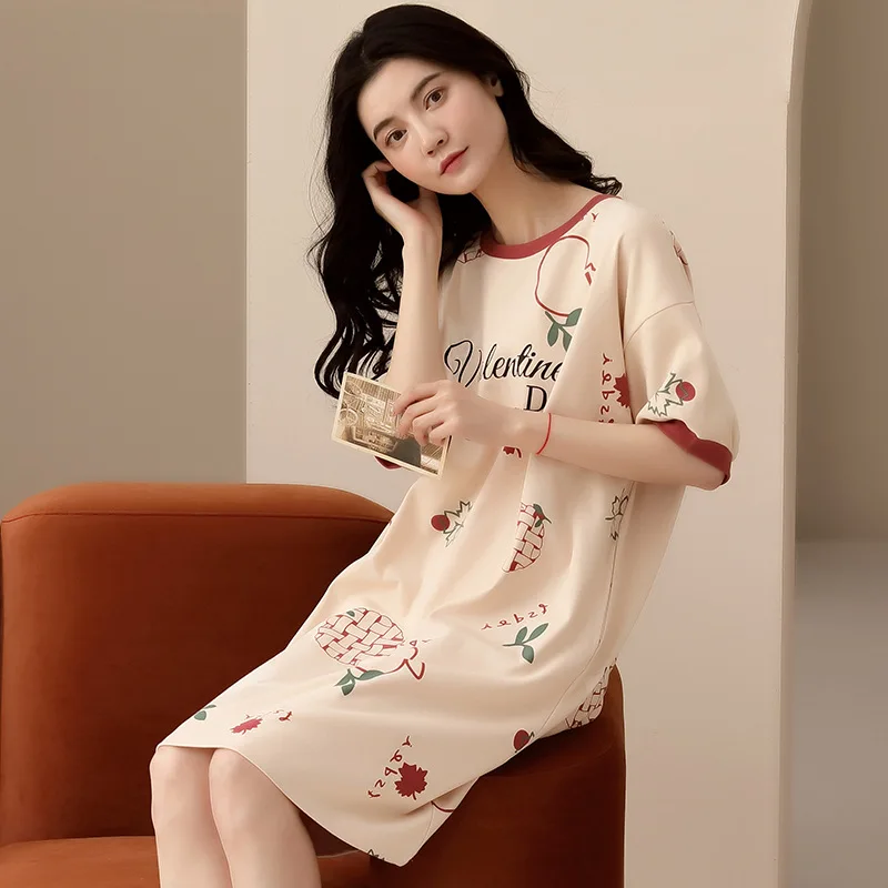 

Cotton Nightdress Women's Summer Thin Section Mid-length Loose Large Size Short-sleeved Round Neck Pajamas Night Wear Skirt