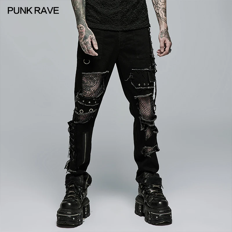 PUNK RAVE New Men's Punk Rock Broken Hole Net Black Long  Trousers Gothic Casual Male Motocycle Cotton Denim Pants Visual Kei