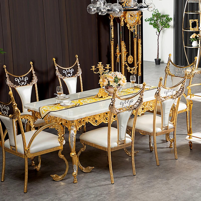 

Natural marble dining table European classical dining table chair combination villa hollow carved rectangular dining table desig
