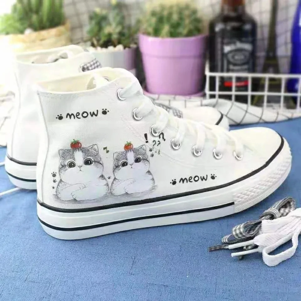 White Black Canvas Sneakers 2023 Fashion Korea Style Cartoon Cute Cat  Female Sneakers Casual Students Daily Wear Women Footwear