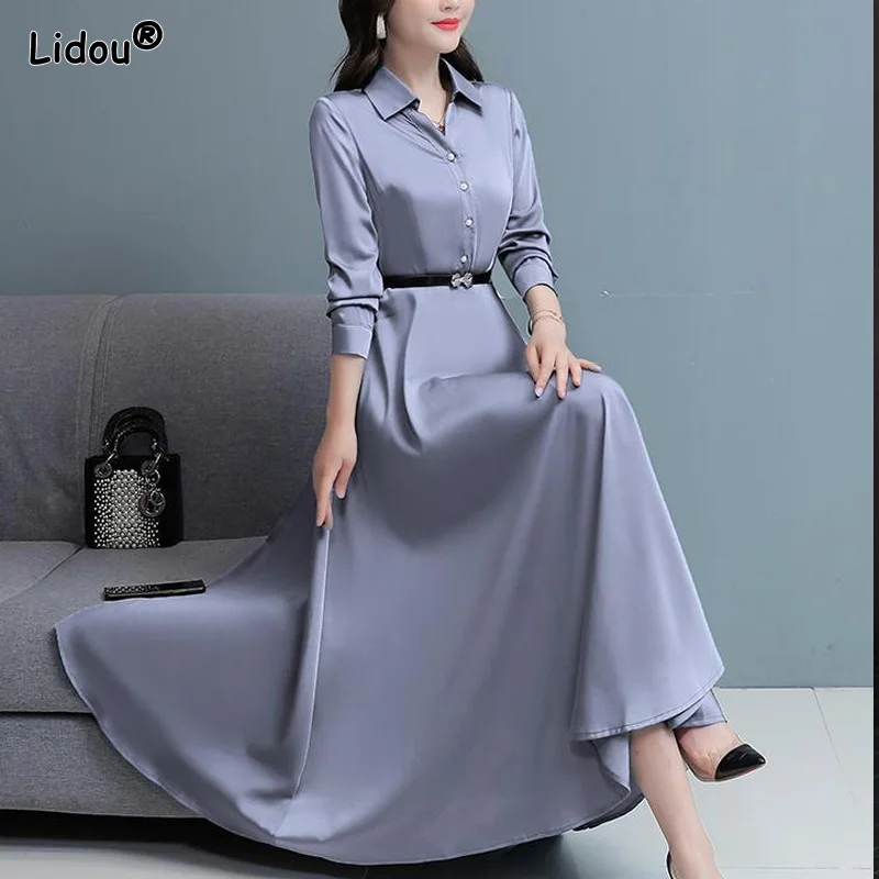 Купи Elegant Fashion New Office Lady Solid Color Turn-down Collar Dresses Empire Long Sleeved Slim Belt Women's Clothing 2022 за 1,293 рублей в магазине AliExpress