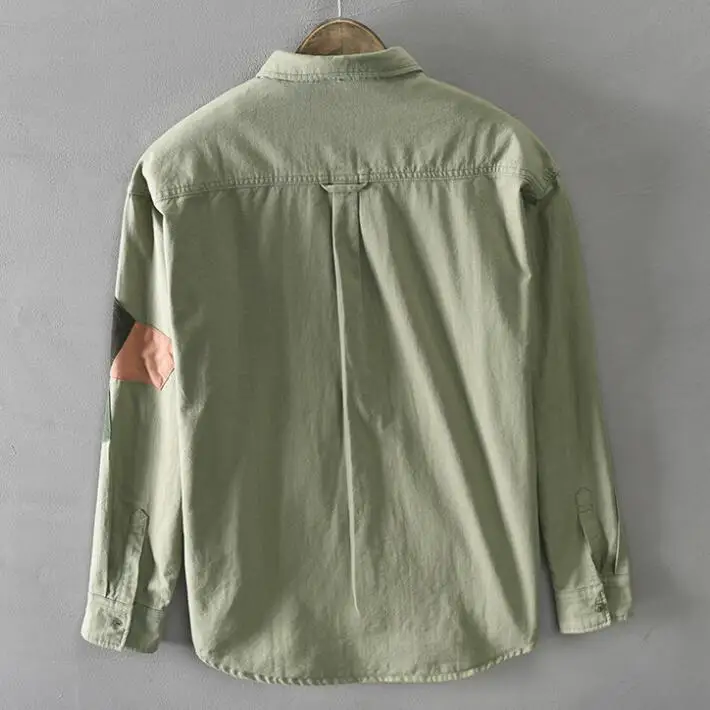 Men Shirts Personalized Stitching Casual Cotton Shirts Men's Youth Cotton Patches Long Sleeve Loose Shirts