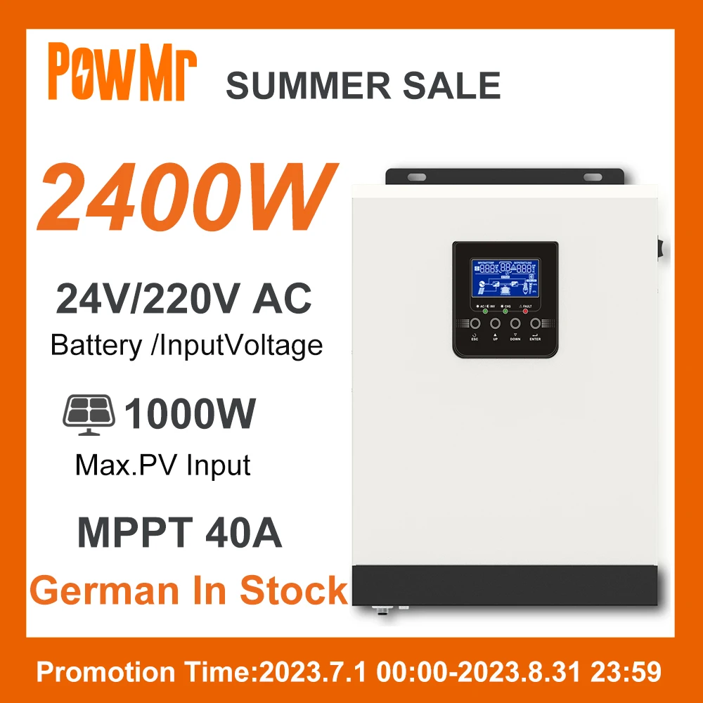 

PowMr 2400W Off-Grid Pure Sine Wave Hybrid Inverter DC 24V to 220V/230V AC 40A MPPT Solar Charge Controller 1000W Max PV Input