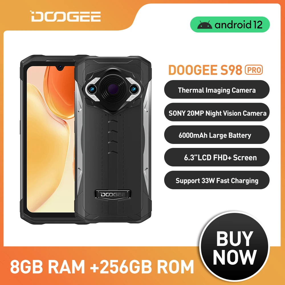 DOOGEE S98 Pro 8GB+256GB Cellphone 15W Wireless Charging IP68/69 Android 12 Rugged Phone Helio G96 Thermal Imaging camera Phone