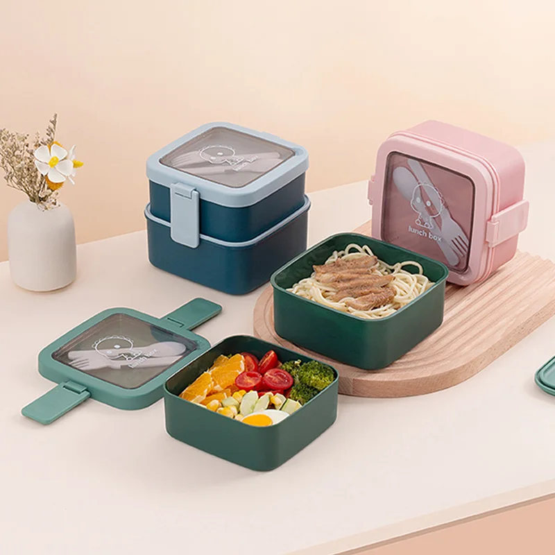 

Портативный японский герметичный Ланч-бокс, двухслойная сетка для детей, студенческий офис, герметичная коробка с вилкой и ложкой