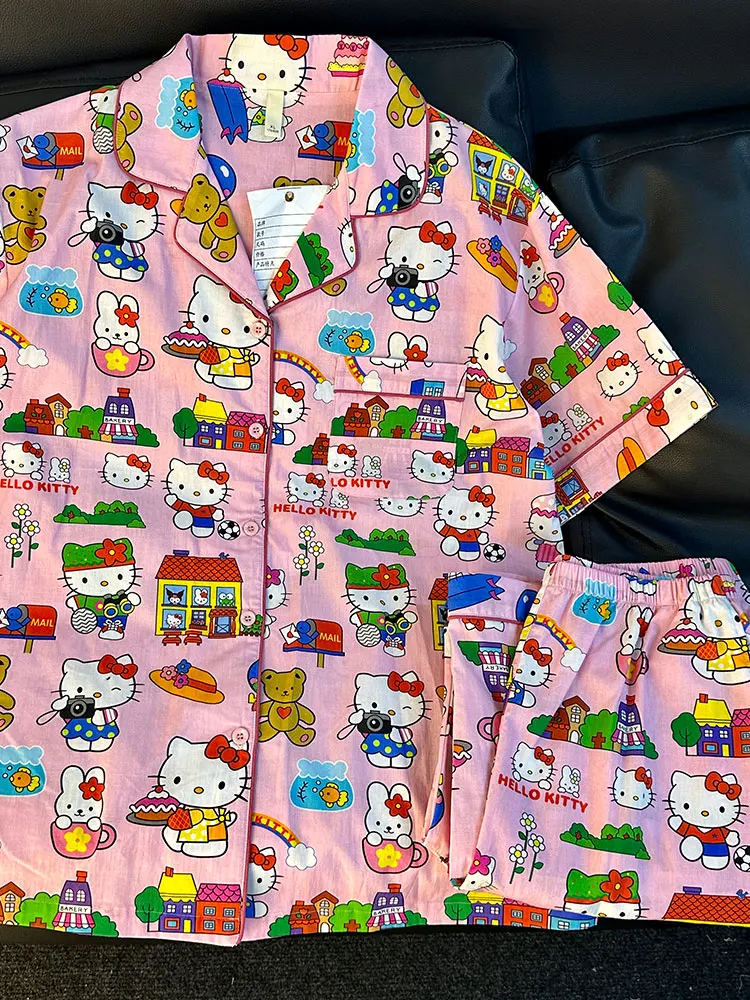 Yuji 2024 New Summer Thin Short sleeve Trousers Pajamas Women Cartoon Hellokit Homewear Set