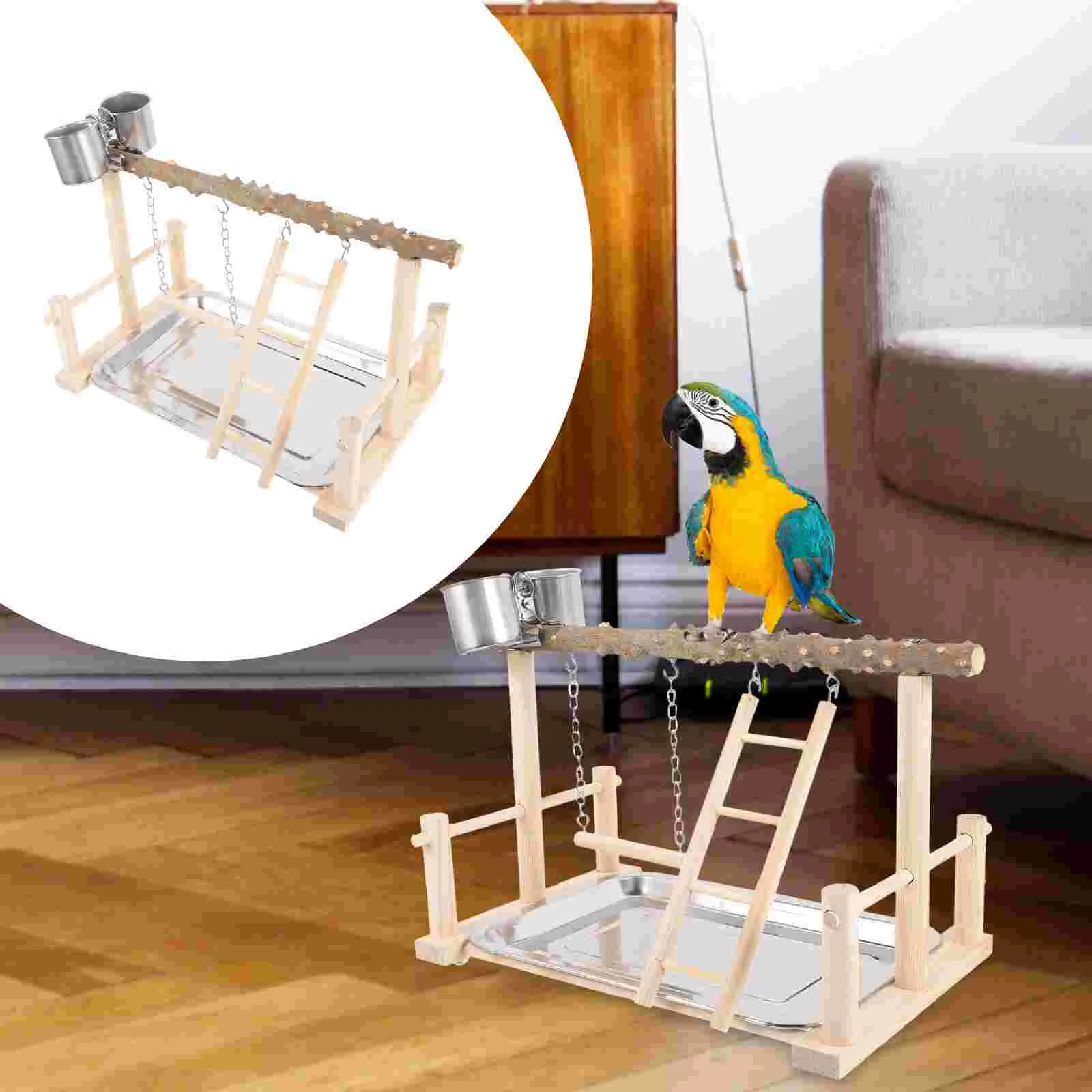 

Parrot Stand Parakeet Perch Wooden Bird Cage Swing Plaything Feeding Cup Training Tee Stands Playground Rack Natural