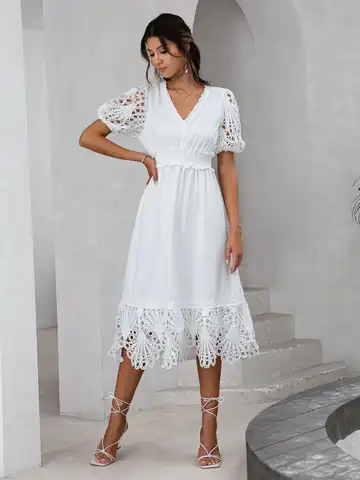 Женское кружевное платье с v-образным вырезом Simplee, белое платье с оборками и высокой талией в стиле пэчворк для свадебной вечеринки, vestido