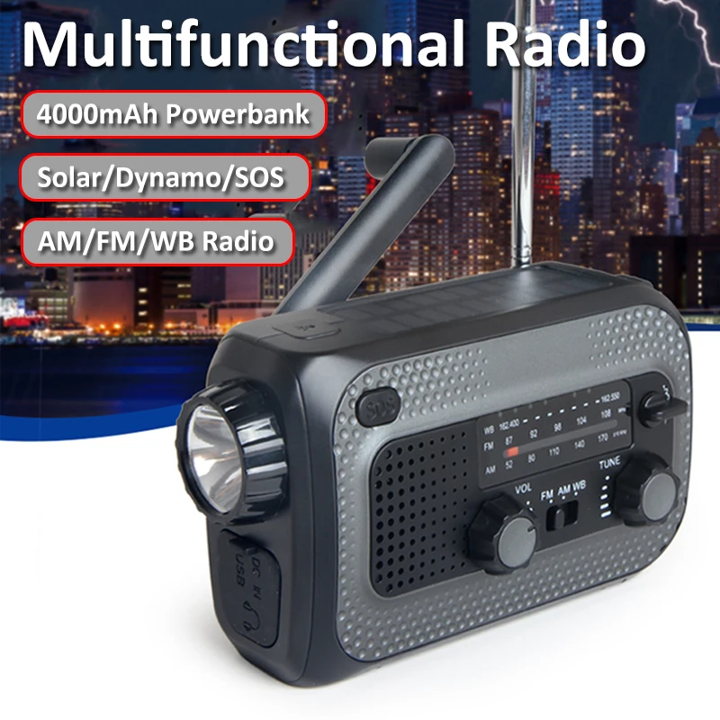 

Emergency Solar Radio Portable AM/FM/NOAA Receiver Hand Crank Dynamo Radios Outdoor 4000mAh Power Bank with Flashlight/SOS Alert