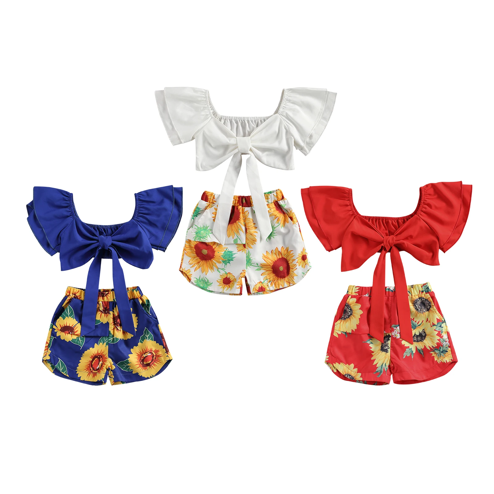 Комплект одежды для маленьких девочек укороченные топы с бантом и шорты принтом