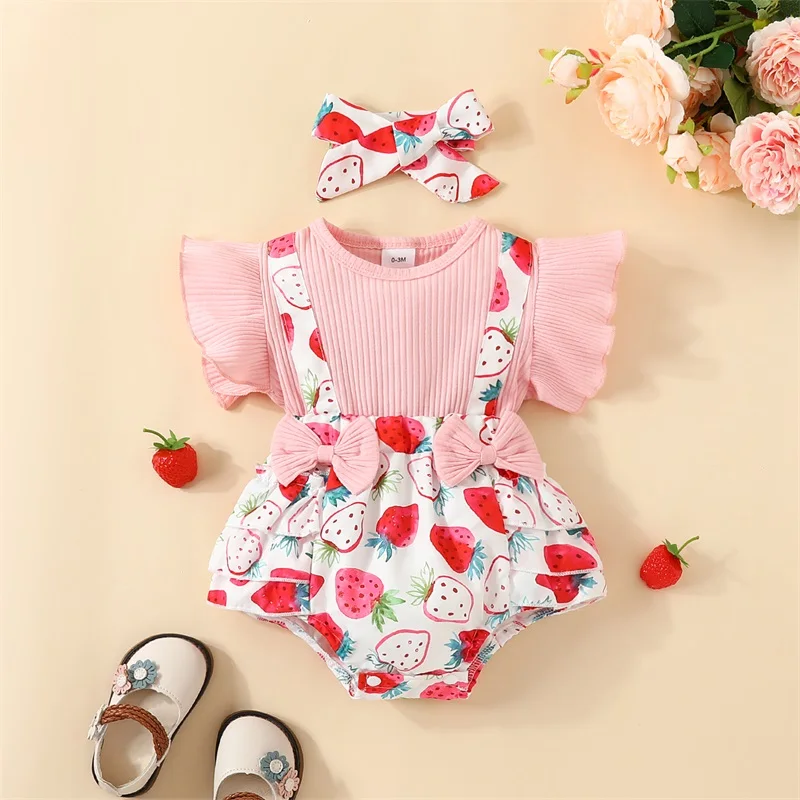 

Toddler Baby Girls Summer Romper Dress Strawberry Print Ruffle Sleeve Ribbed Fake 2 Pieces Jumpsuit and Stretch Headband Outfits