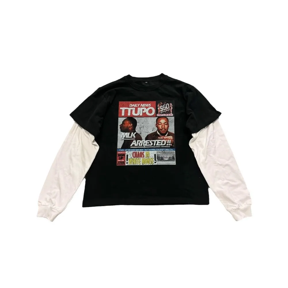 Y2k Round Neck Long Sleeved Fake Two Piece T-Shirt Loose Sweatshirt Dark Hip-Hop Vintage Printed Pattern Top Winter School Ootd