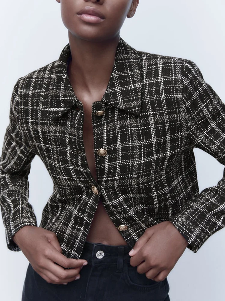 

TRAF New Women Fashion Plaid Blazers Coats 2022 All-match Elegant Jacket Mujer Outwear Autumn Design Chic Tops Outwear