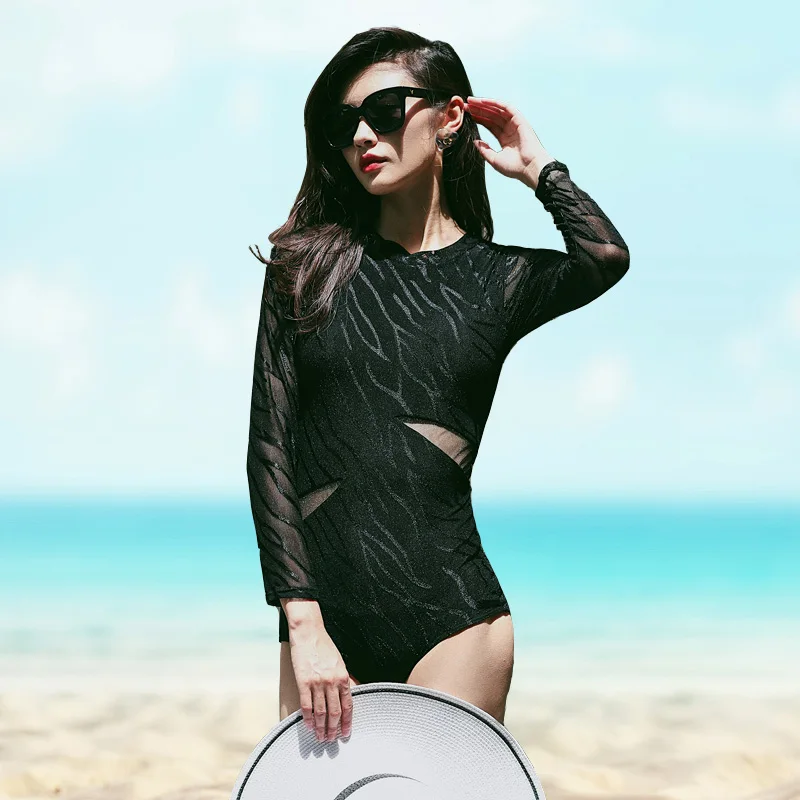 

One Piece Solid Black Swimsuit Women Swimwear Summer Push Up Beach Wear Female Backless Mesh Long Sleeve Zipper