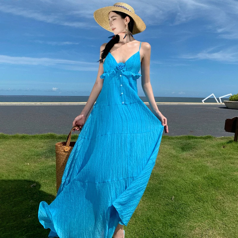 

2023 New Women Ruffle Backless Beach Sundress Summer Elegant Deep V Sexy Clothing Chic Blue Party Vacation Vestidos Long Dress