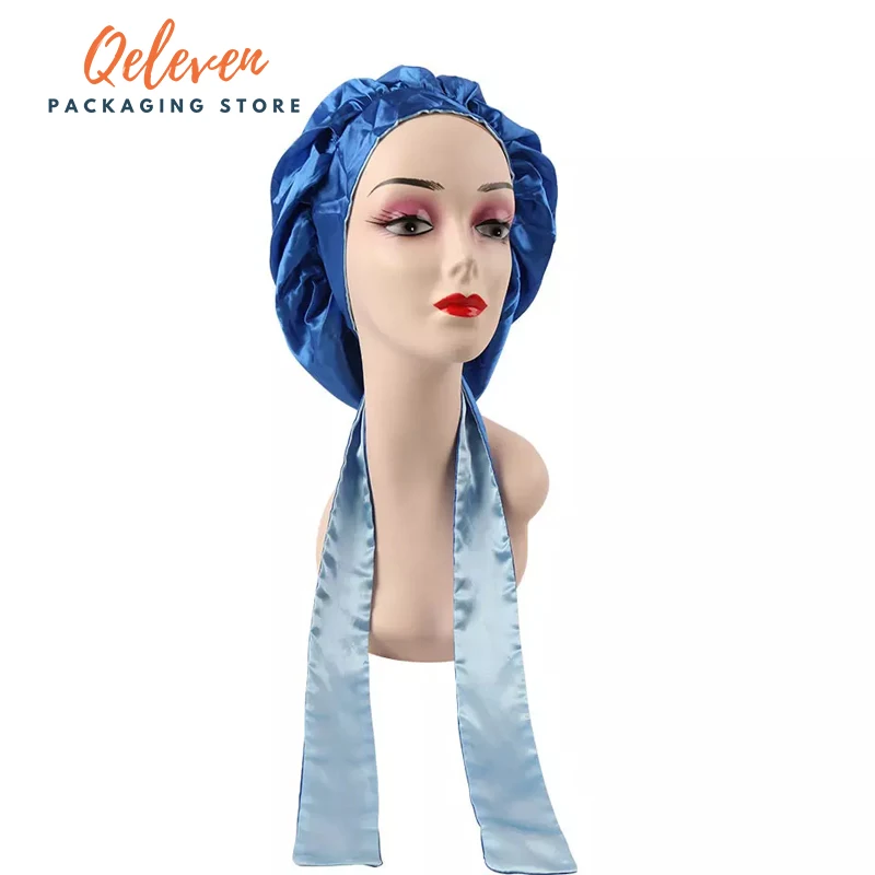 

Wholesale Logo Printed Satin Lines Sleeping bonnet Satin Hair bedazzled Bonnets for Women with long band tie