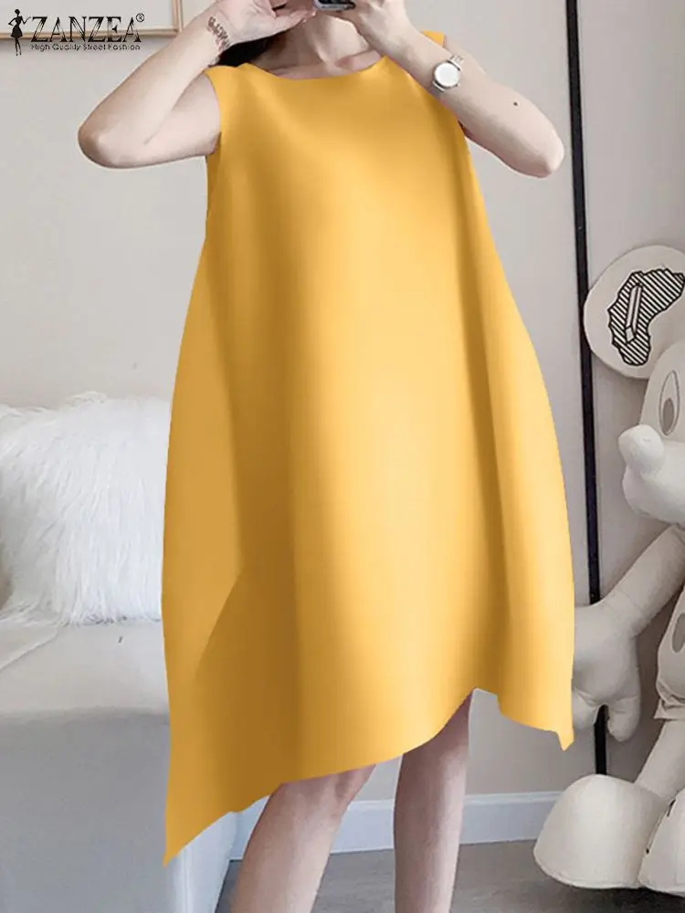 

ZANZEA Sleeveless Irregular Hem Knee-length Dress Square Collar Solid Women Casual Loose Tank Dress Elegant Fashion Vestidos