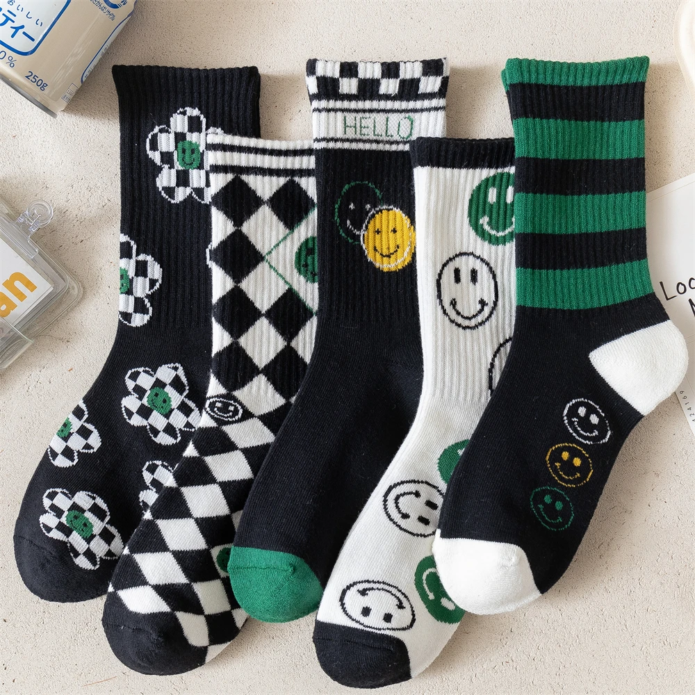 

Носки Smiley, японские модные хлопковые носки, женские носки средней длины в клетку, женская модель, унисекс, в полоску, в стиле Харадзюку Gyaru