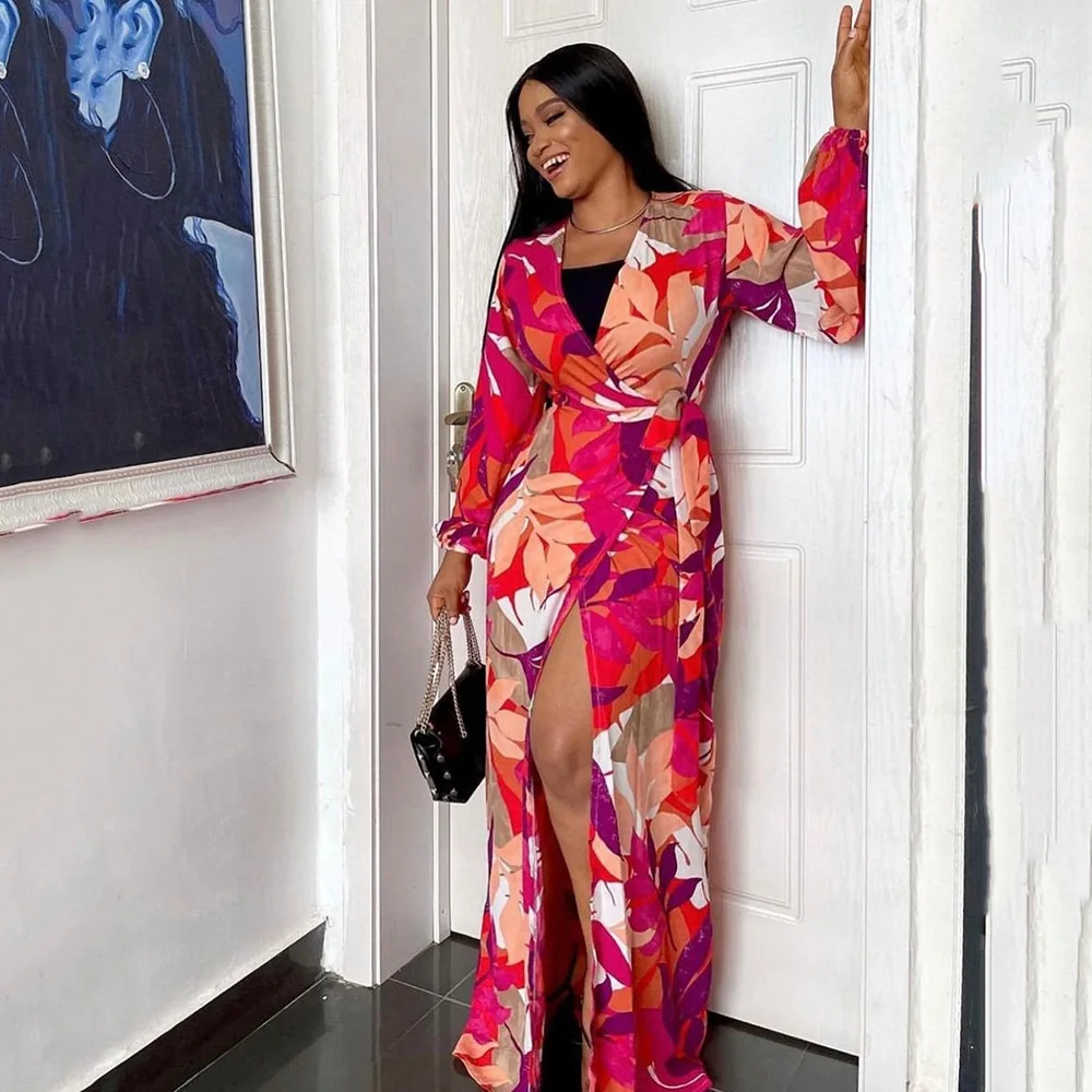 

2022 Women Long Maxi Dress Spring Summer New Fashion Long Sleeve Women's Printed Wear Split Fashion Dress Casual Cool Skirt