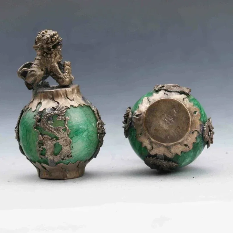 Изысканная китайская Серебряная дракона инкрустированная зеленым нефритом