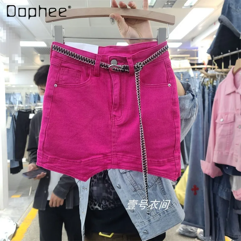 Женская джинсовая юбка с завышенной талией розово-красная облегающая эластичная