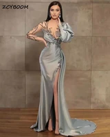 silver satin long sleeves evening dresses 2022 crystal beading high side split open back floor length party illusion dresses