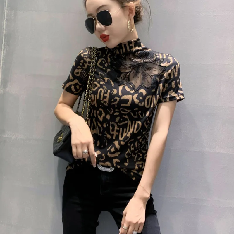 #7611 летняя леопардовая футболка Женская сетчатая Сексуальная с коротким рукавом