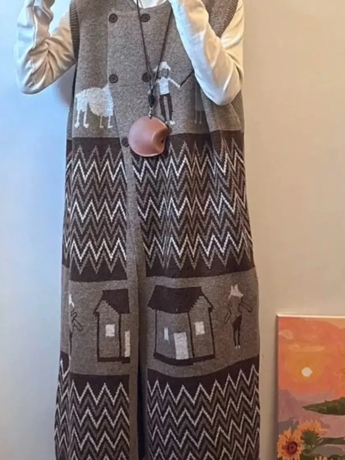 Японский винтажный вязаный свитер средней длины жилет юбка женский новый