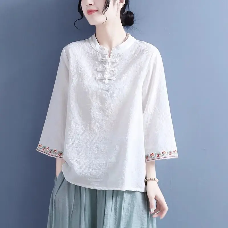 

Cotton Linen Jacquard Embroidered Shirt Women Spring Autumn 2023 New Chinese Style Vintage Button Stand Up Collar Short Top
