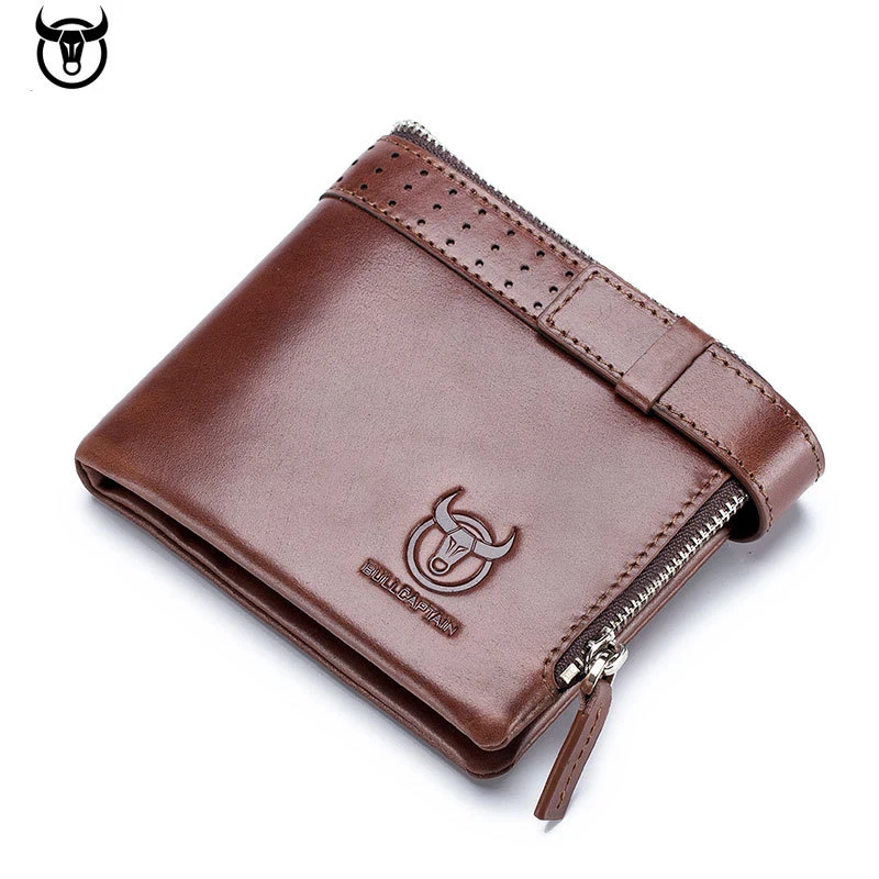 

BULLCAPTAIN RFID Vintage Men's Wallet Genuine Cow Leather Purse Double Folding Zipper Buckle Storage Card Holder For Male