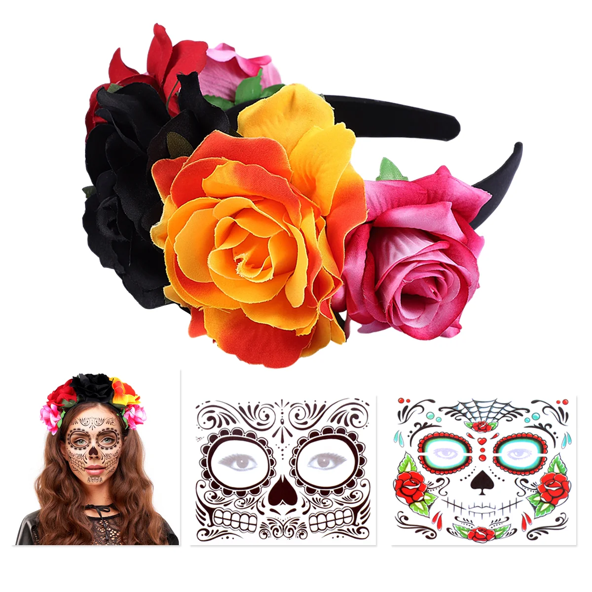 

Frcolor Rose Flower Headband and 2 Sheets Face Tattoos Vintage Rose Headpiece Hair with Stickers for Women Ladies Girls