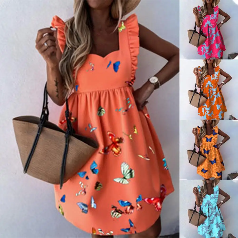 

Sweet Sundress Sleeveless Square Neck Large Hem Sundress for Travel