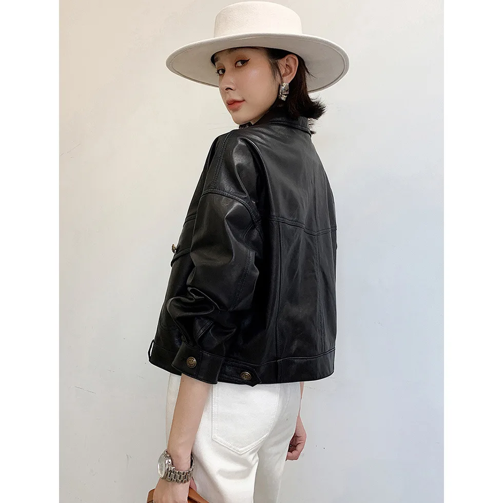2022 Spring and Autumn New Leather Jacket Women's Slim Sheepskin Motorcycle Jacket S18