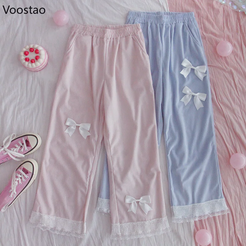 

Japanese Sweet Cute Lolita Corduroy Pants Women Sweet Bow Lace Wide Leg Pants Girly Kawaii Loose Korean Clothing Chic Trousers