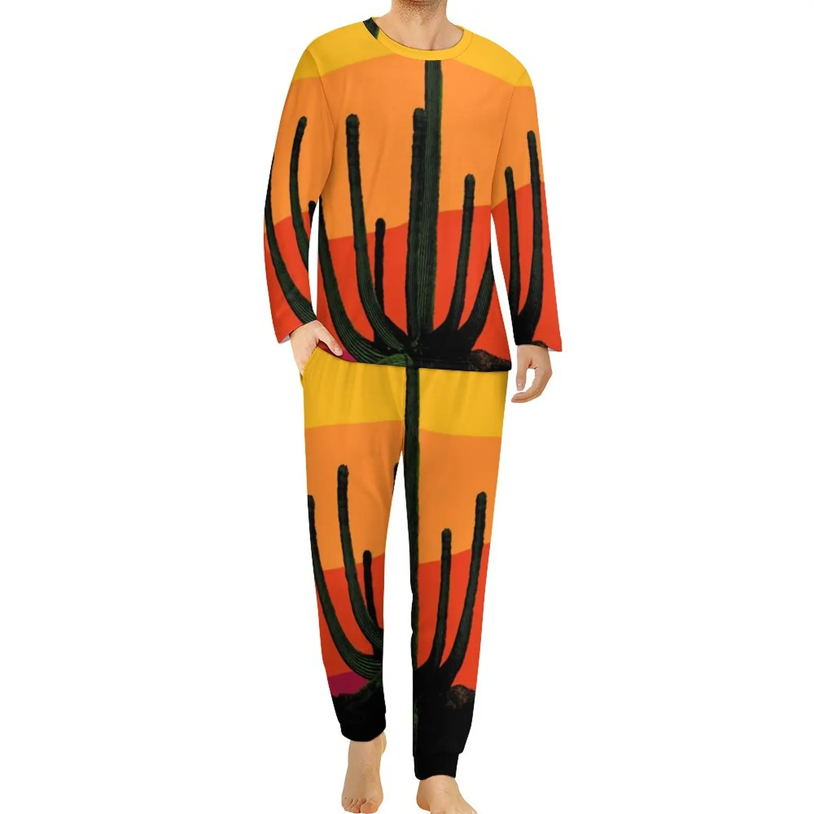 

Cartoon Desert Pajamas Winter 2 Pieces Retro Cactus Sunset Fashion Pajama Sets Man Long Sleeve Home Graphic Sleepwear Large Size