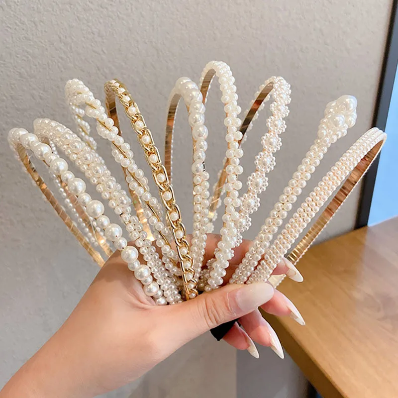 

YADELAI Pearl Headband Women Handmade Woven Pearl Headdress Korean Style Beaded Simple Face Wash Temperament Wild Hair Band