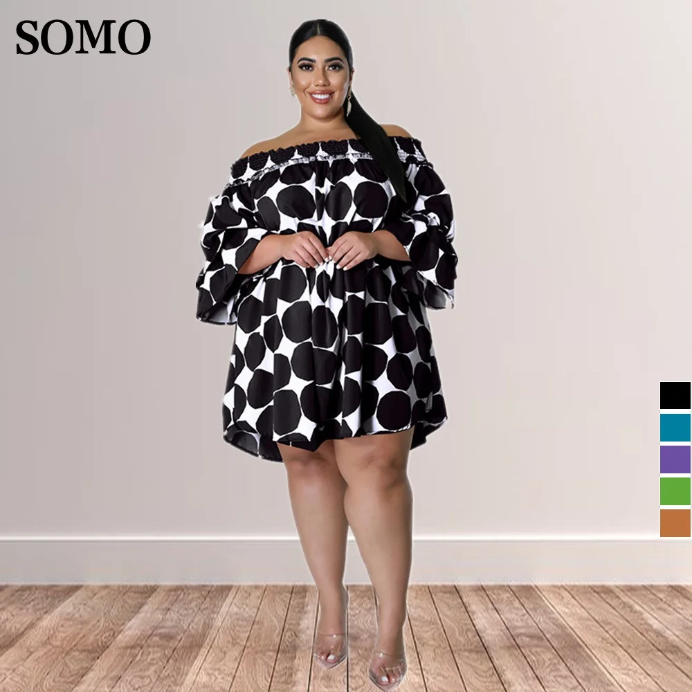 

Plus Size Summer Clothes for Women Skirts Sexy One Word Collar Elasticated Polka Dot Mini Dresses Female Wholesale Dropshipping