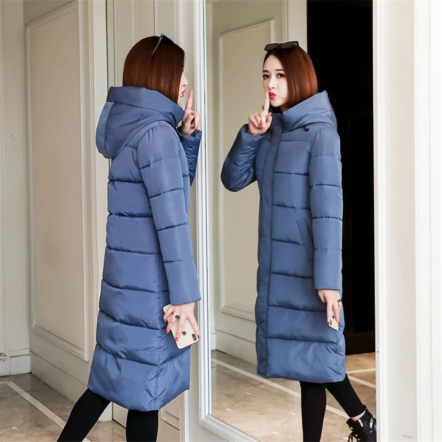 Oversized 4XL Winter Hooded Cotton Padded Long Coat Women Basic Solid Parka Warm Thick Outwear Snow Wear Overcoat Slim Sobretudo
