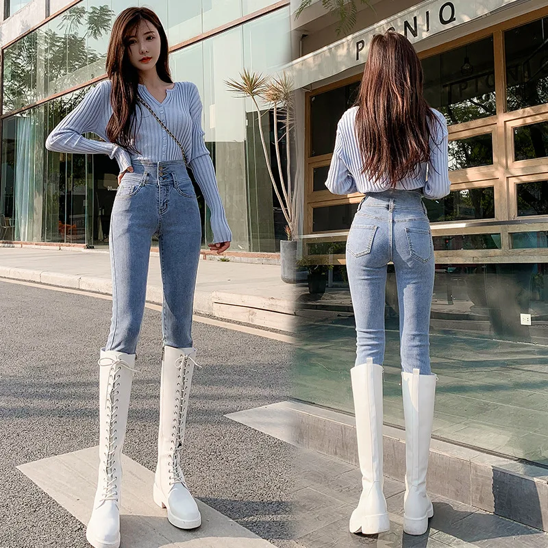 

2022 Spring New Women High Waist Stretch Jeans Hip-lifting Tight-fitting Trendy Fashionable 9-point Pencil Trousers Woman Jeans