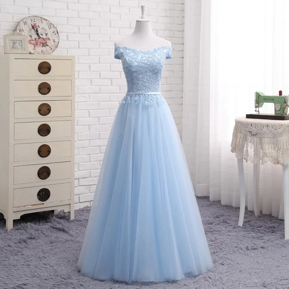 

Sky Blue Appliques Prom Bridesmaid Dresses Girls Long Style Free Party Robes De Soirée Plus Size Customize