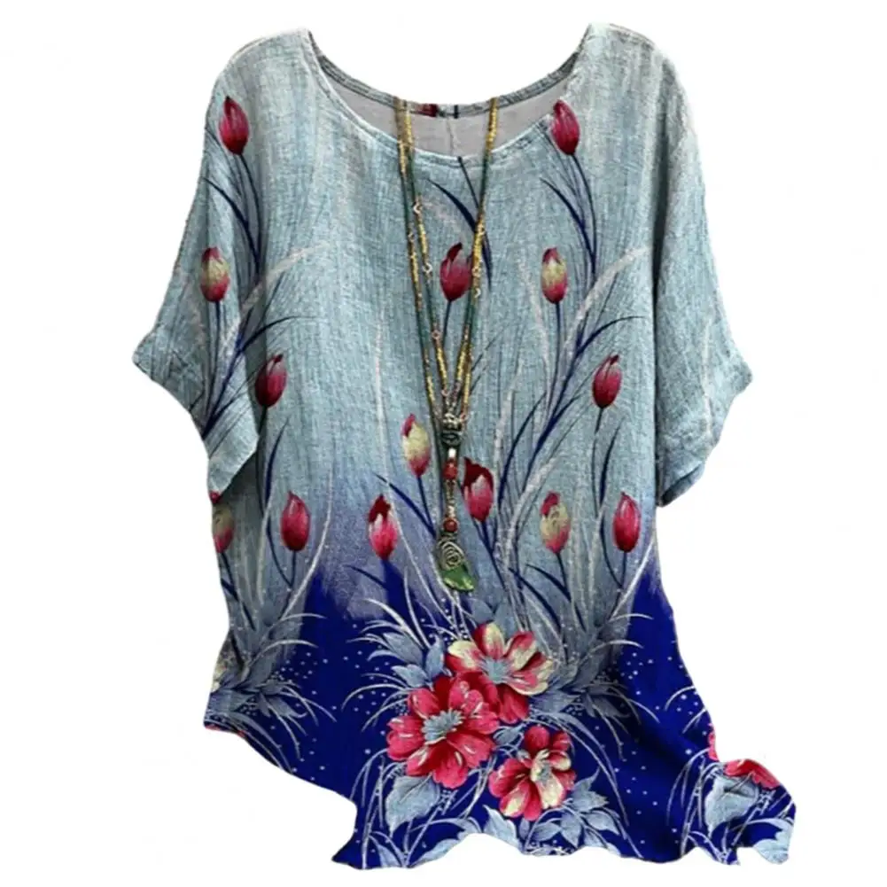 

Floral Print Blouse Flower Print Plus Size Women's Summer Blouse Soft Breathable Colorfast Mid-length Top Women Floral Print